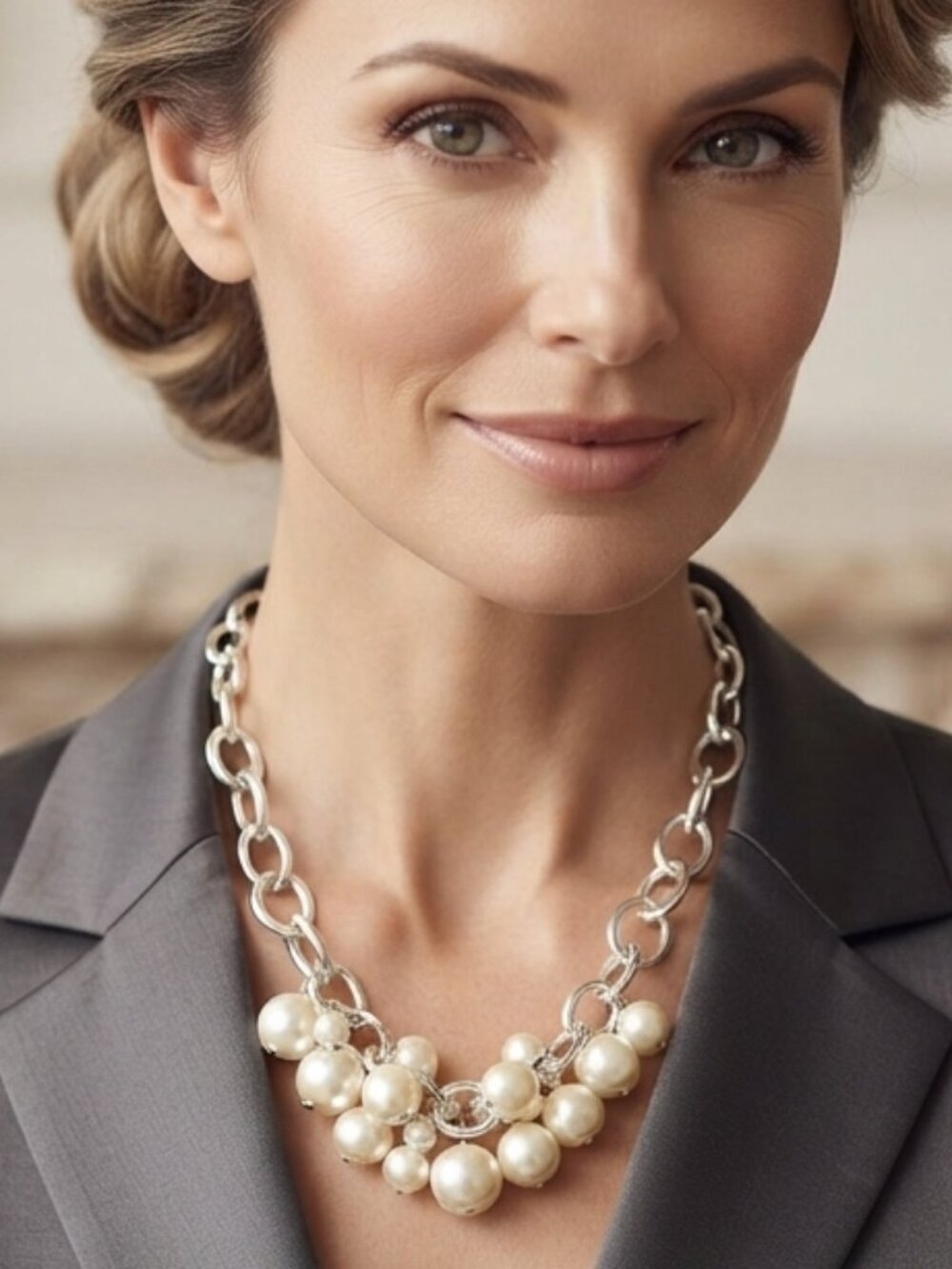 Chunky Silver Chain & Faux Pearl Cluster Statement Necklace Elegant Jewelry
